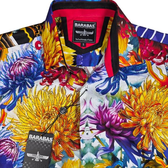 Barabas Other - Barabas Mens Vibrant Dragon & Chrysanthemum Long Sleeve Shirt Small Rhinestones